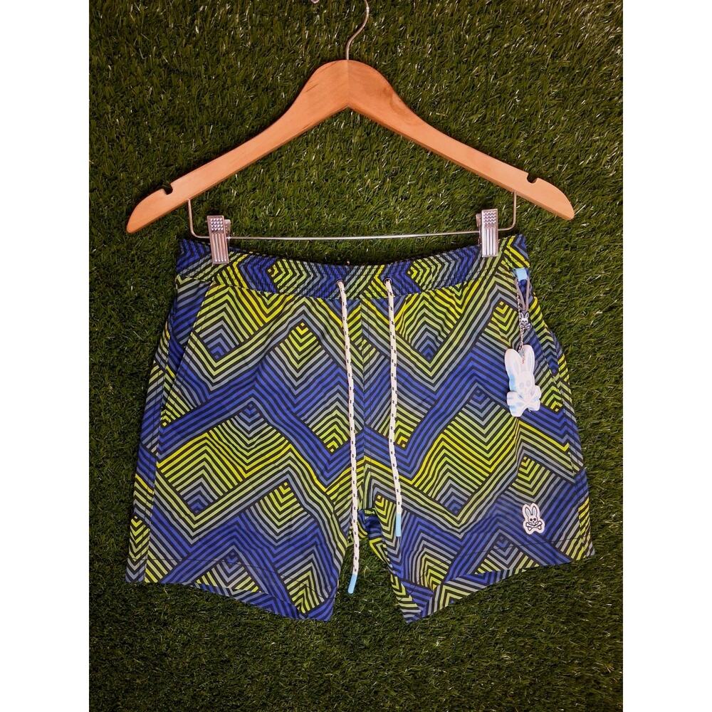 Psycho Bunny Men's Adrian Chevron Swim Trunks Sapphire Blue Green Small 15.5"